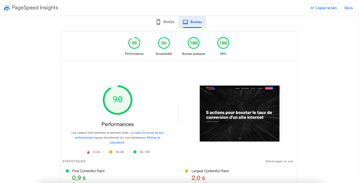 score vitesse google pages speed insights